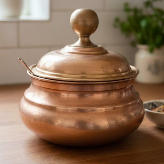 1984 Antique Brass Buffet Serving Bowl with Lid & Ladle | 2.5 Litre Covered Serving Dish - Bombay Antiques