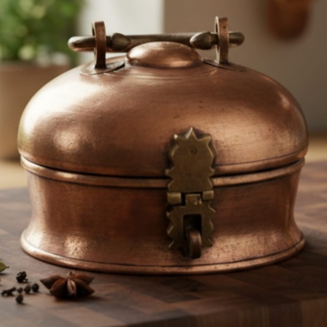 1989 Antique Brass Paandabba | Large Round Betel Storage Box - Bombay Antiques