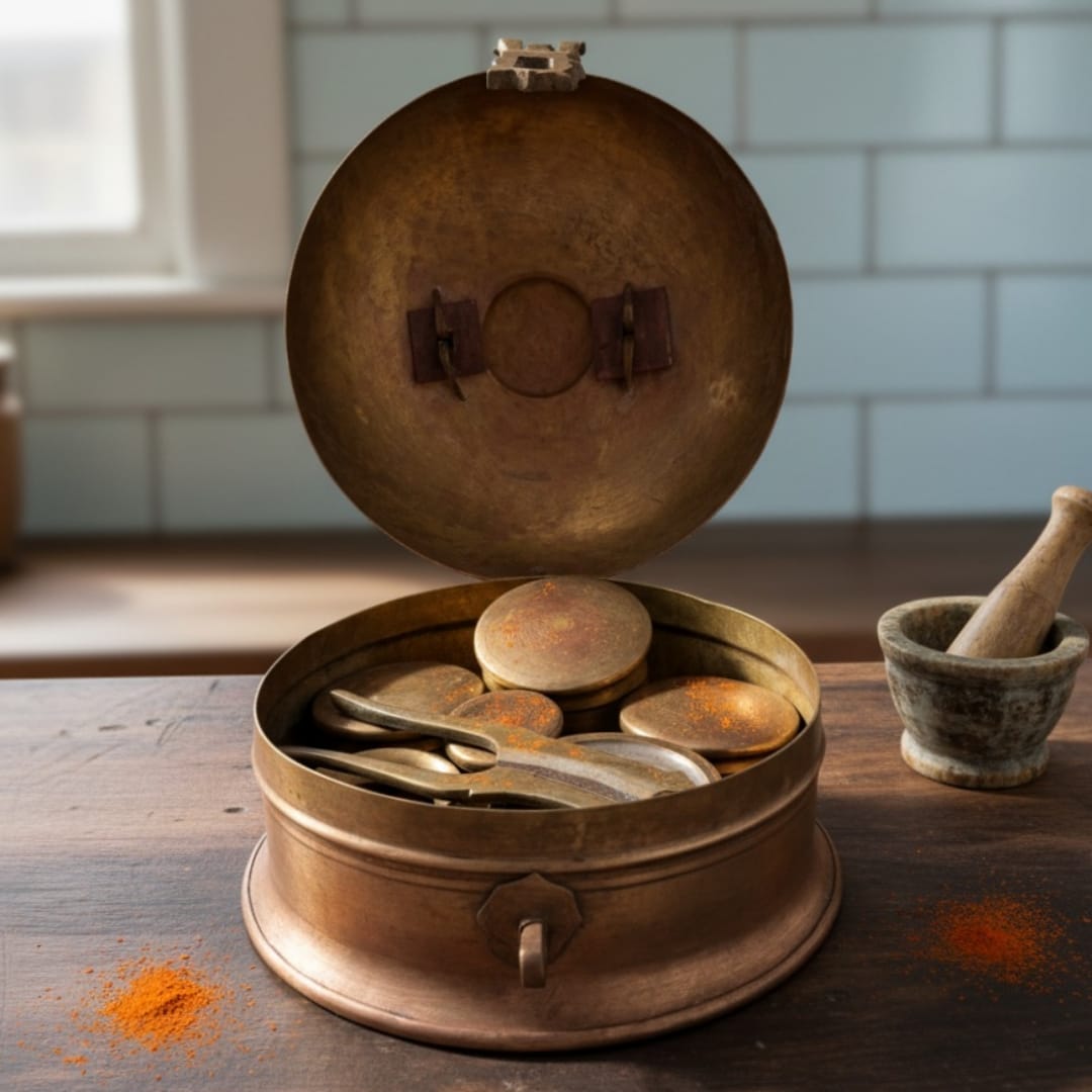 1989 Antique Brass Paandabba | Large Round Betel Storage Box - Bombay Antiques