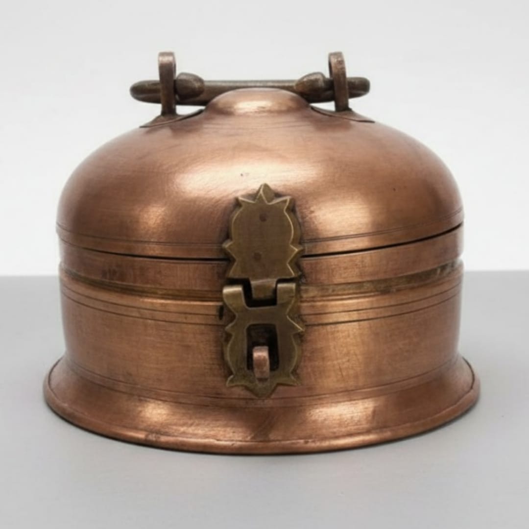 1989 Antique Brass Paandabba | Large Round Betel Storage Box - Bombay Antiques