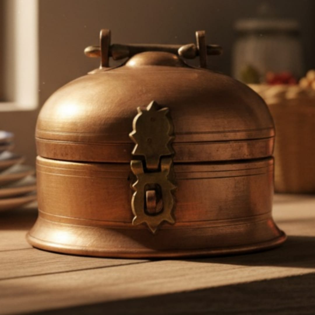 1989 Antique Brass Paandabba | Large Round Betel Storage Box - Bombay Antiques