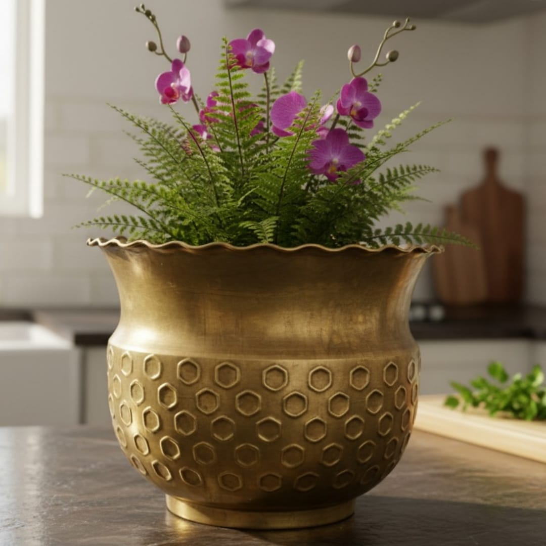 1987 Antique Brass Planter | 12 Inch Wide Decorative Plant Vessel 10 Litre - Bombay Antiques