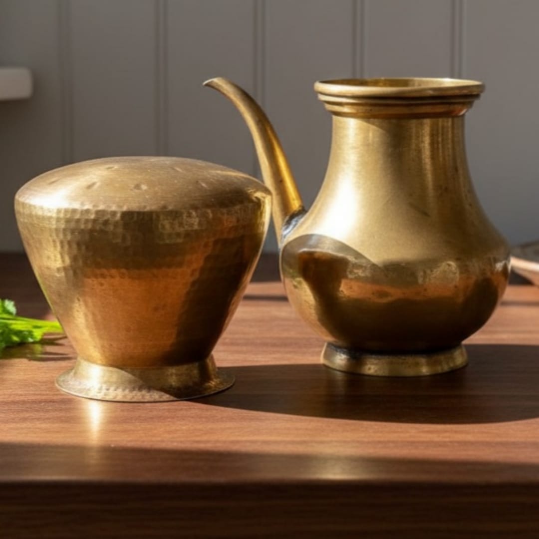 1973 Antique Brass Kamandal and Kalash in Pair | Dual Form Water Vessels - Bombay Antiques