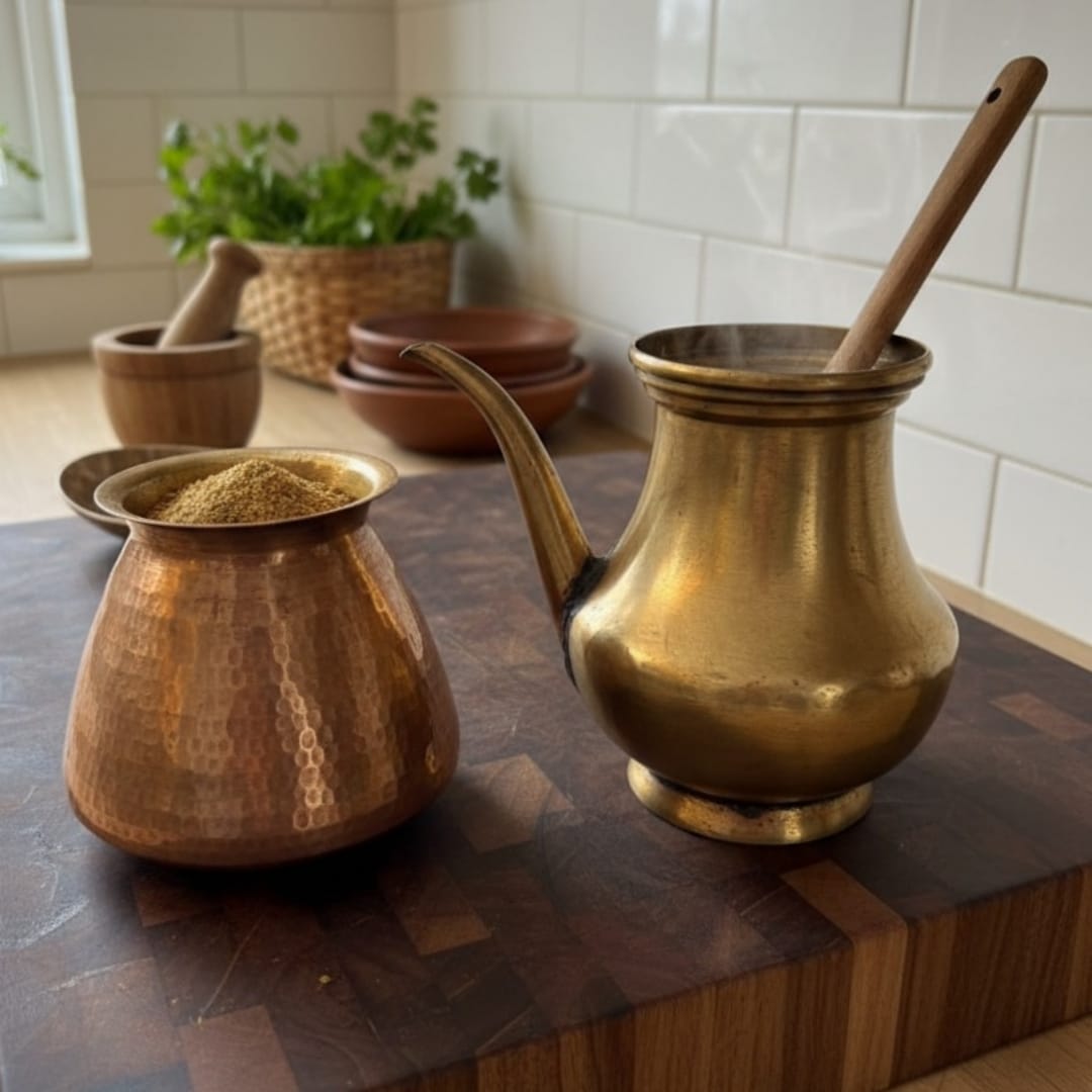 1973 Antique Brass Kamandal and Kalash in Pair | Dual Form Water Vessels - Bombay Antiques