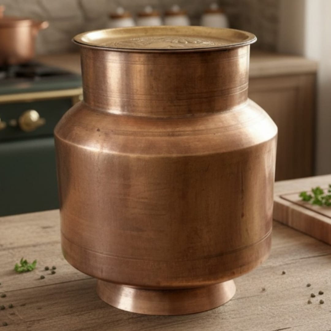 1978 Antique Brass Pot with Lid, Ladle & Stand | Elevated Cooking and Serving Set - Bombay Antiques