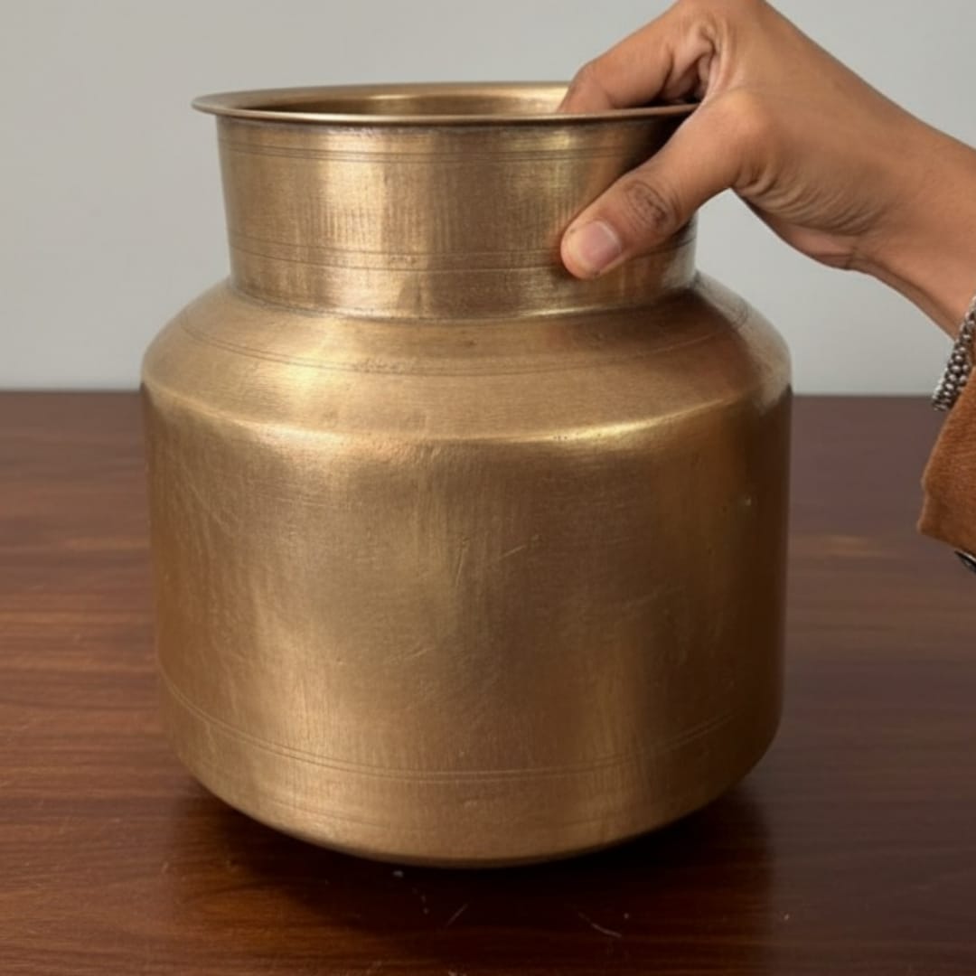 1978 Antique Brass Pot with Lid, Ladle & Stand | Elevated Cooking and Serving Set - Bombay Antiques