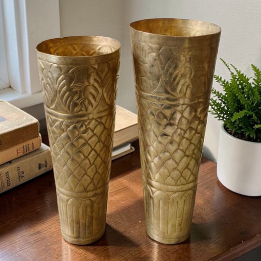 1987 Antique Brass Flower Planter Set of 2 | Tall Brass Decorative Planters - Bombay Antiques