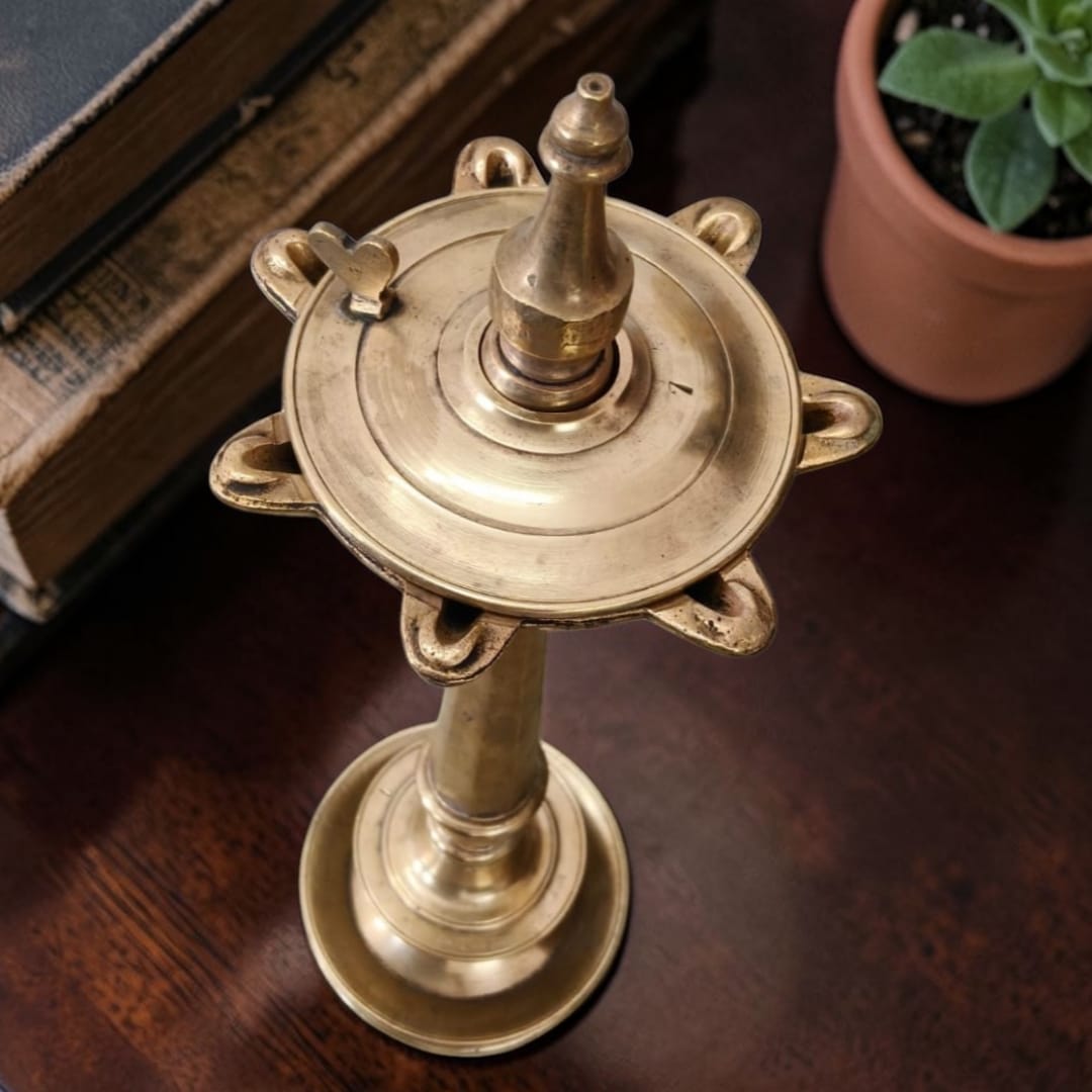 1983 Antique Brass Samay | Tall Traditional Brass Oil Lamp - Bombay Antiques