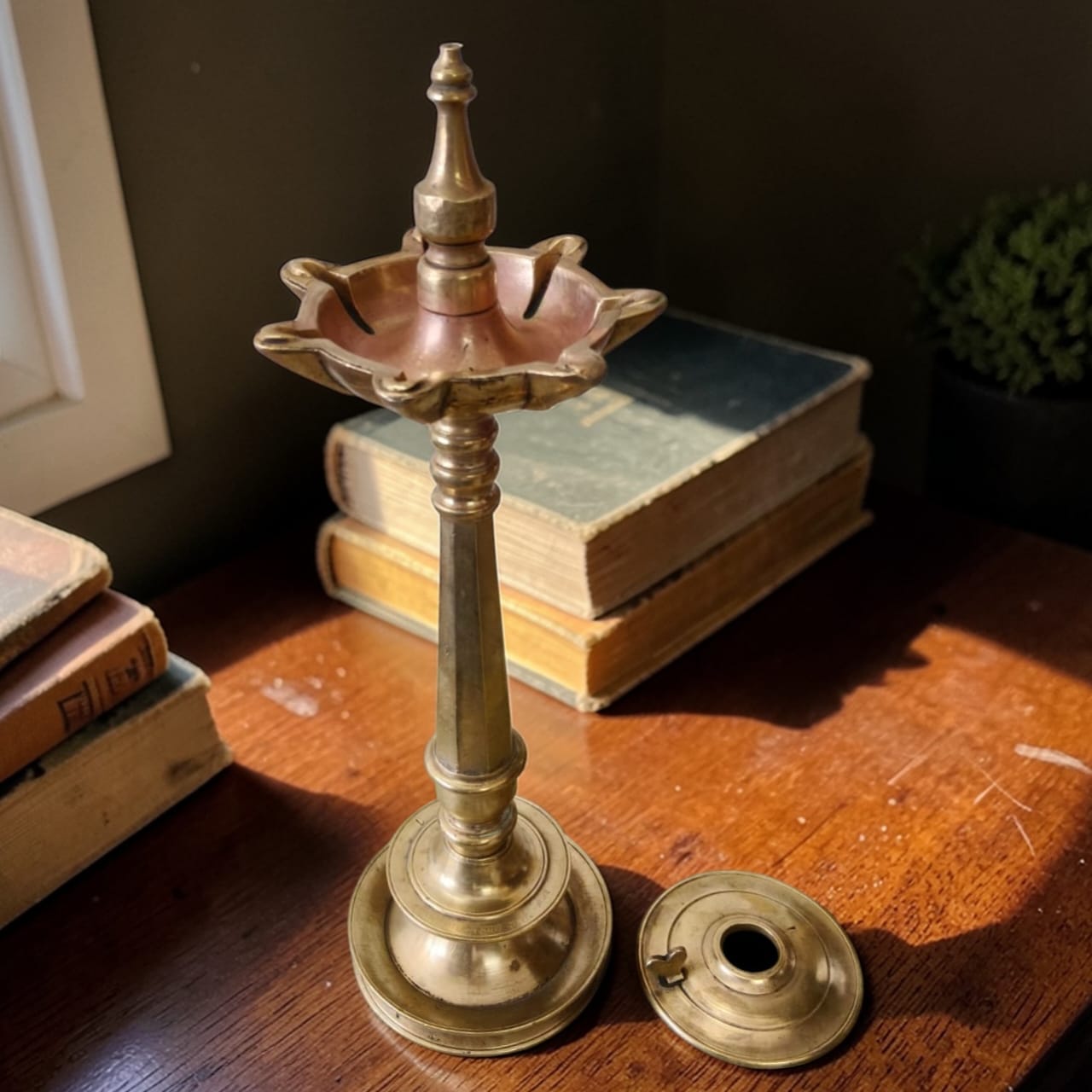 1983 Antique Brass Samay | Tall Traditional Brass Oil Lamp - Bombay Antiques