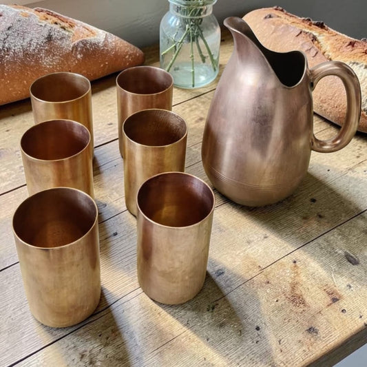 1985 Antique Brass Jug Set with Glasses | Brass Serving Water Set - Bombay Antiques