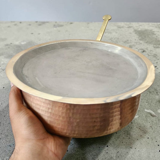 1971 Heavy Antique Brass Langdi with Lid and Ladle | Traditional Brass Serving Bowl - Bombay Antiques