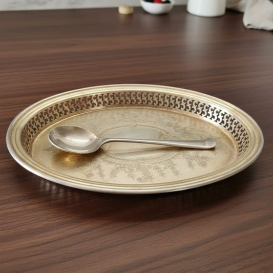1978 Antique Brass Serving Tray with Spoon | Compact Brass Serving Set - Bombay Antiques