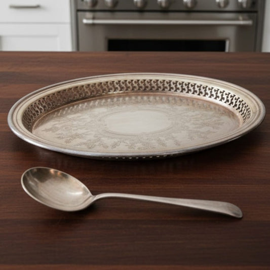 1978 Antique Brass Serving Tray with Spoon | Compact Brass Serving Set - Bombay Antiques