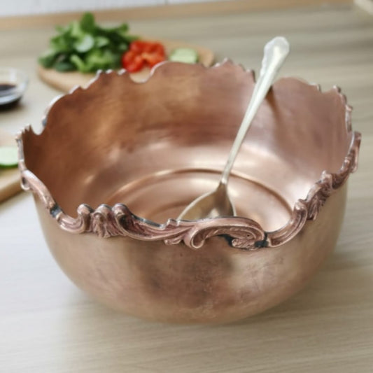 1986 Antique Brass Ornated Borders Bowl with Spoon | Decorative Brass Serving Bowl - Bombay Antiques