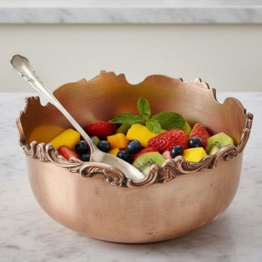 1986 Antique Brass Ornated Borders Bowl with Spoon | Decorative Brass Serving Bowl - Bombay Antiques