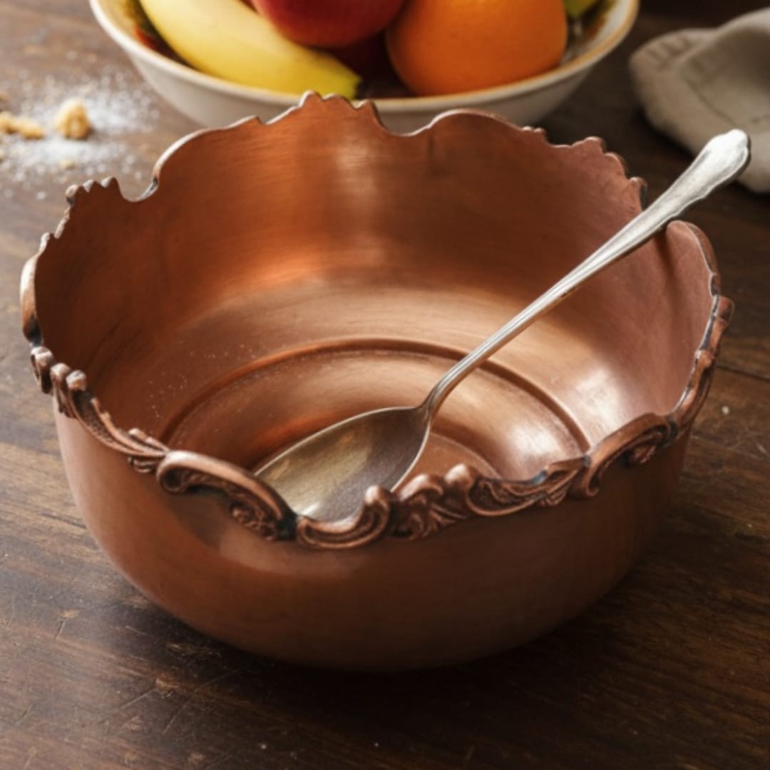 1986 Antique Brass Ornated Borders Bowl with Spoon | Decorative Brass Serving Bowl - Bombay Antiques