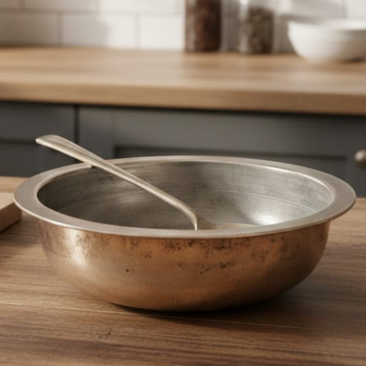 1973 Heavy Antique Bronze Bowl with Spoon | Traditional Bronze Serving Bowl