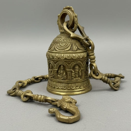 1988 Antique Brass Heavy Bell with Chain | Decorative Hanging Brass Bell - Bombay Antiques