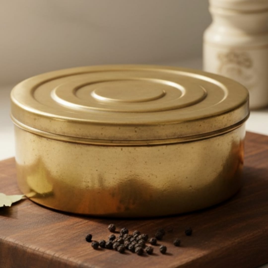 1984 Antique Brass Storage Chapati Box | Decorative Brass Kitchen Container - Bombay Antiques