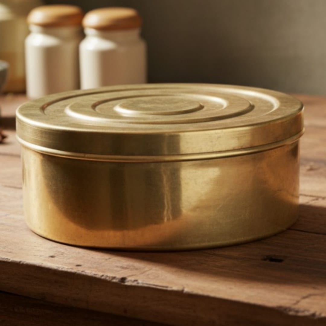 1984 Antique Brass Storage Chapati Box | Decorative Brass Kitchen Container - Bombay Antiques