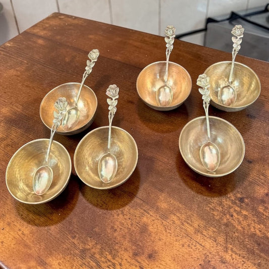 1984 Antique Brass Bowls Set of 6 with Engraved Spoons | Decorative Brass Serving Set - Bombay Antiques
