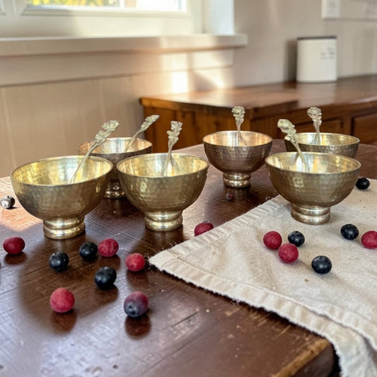 1984 Antique Brass Bowls Set of 6 with Engraved Spoons | Decorative Brass Serving Set - Bombay Antiques