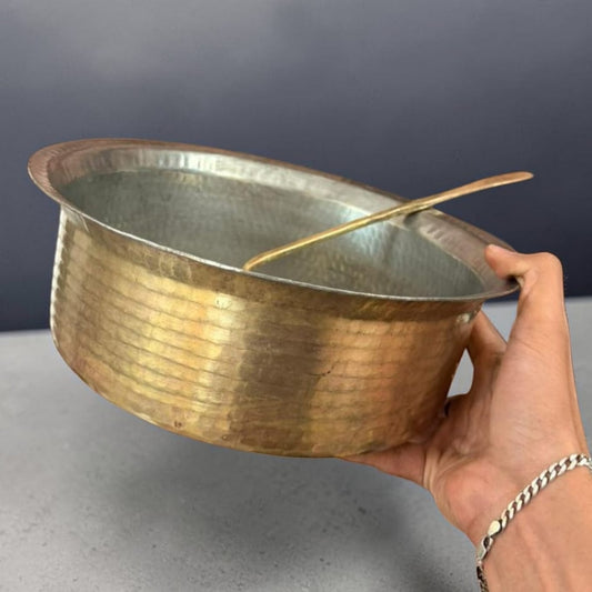 1987 Antique Brass Langadi / Biryani Deg with Lid and Ladle | Large Brass Cooking & Serving Pot - Bombay Antiques