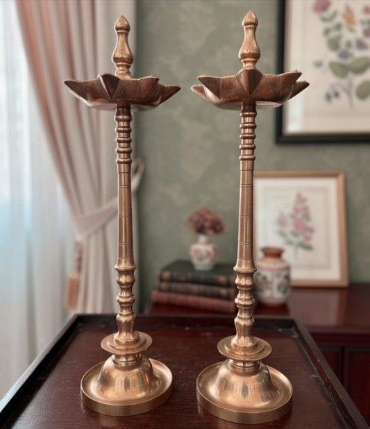 1987 Antique Brass Big Samay in Pair | Tall Brass Decorative Lamps