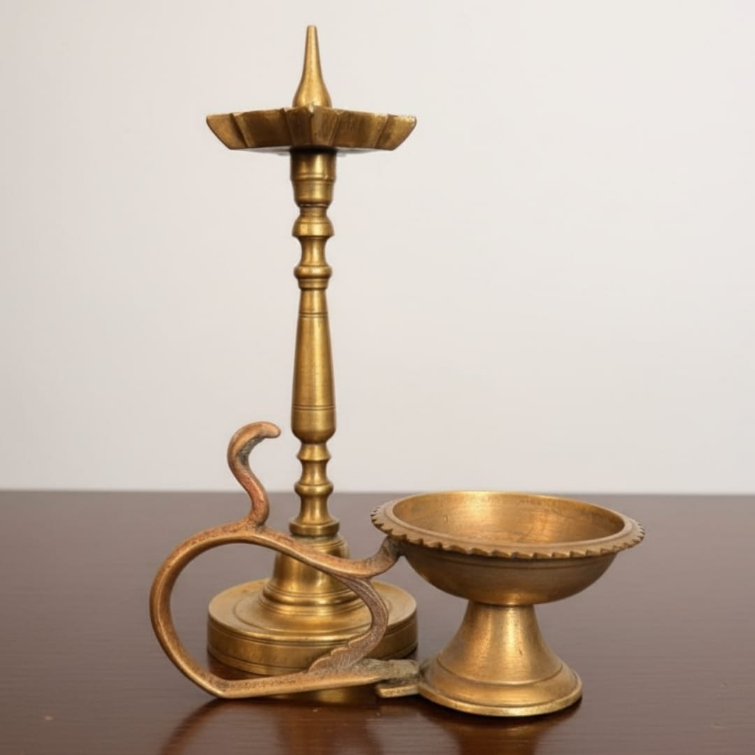 1981 Antique Brass Small Samay & Diya Set | Decorative Brass Oil Lamps