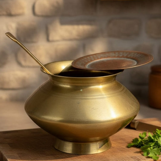 1971 Antique Bronze Cooking Pot with Lid, Ladle and Stand | Traditional Bronze Cookware Set - Bombay Antiques