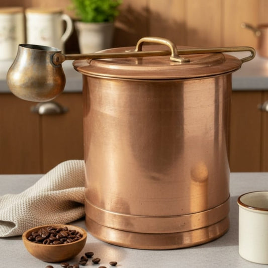 1966 Antique Brass Water Tank with Ladle | Large Brass Storage & Serving Vessel - Bombay Antiques