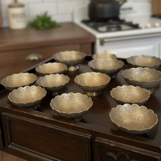 1984 Antique Brass Engraved Bowls Set of 13 | Decorative Brass Serving Collection - Bombay Antiques