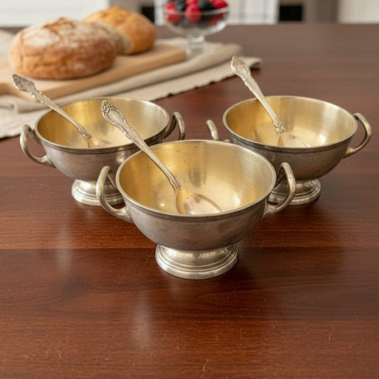 1985 Antique Brass Bowls Set of 3 with Spoons | Decorative Brass Serving Set - Bombay Antiques