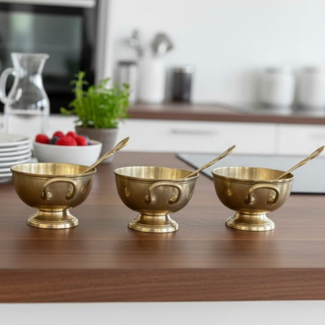 1985 Antique Brass Bowls Set of 3 with Spoons | Decorative Brass Serving Set - Bombay Antiques