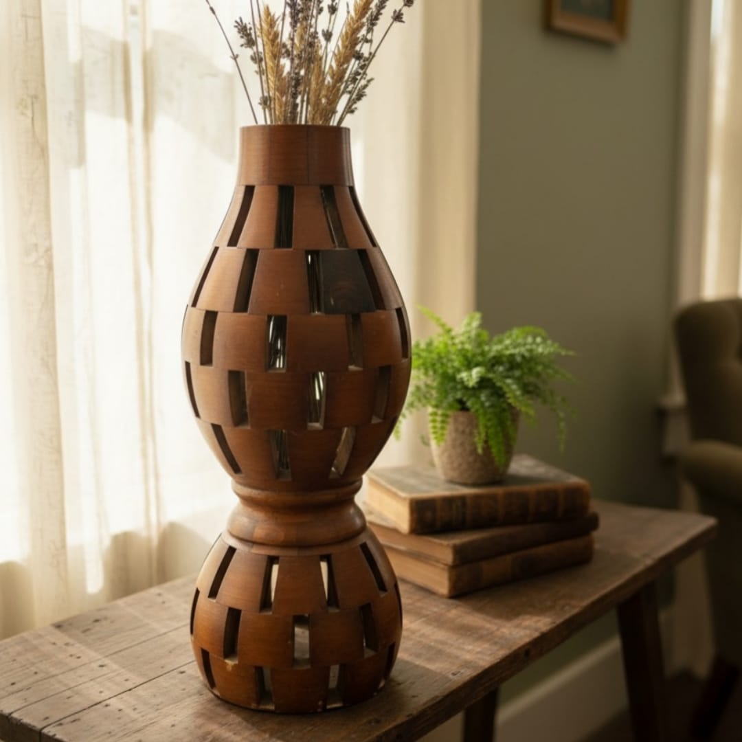 1978 Antique Teakwood Vase | Decorative Wooden Floor Vase - Bombay Antiques