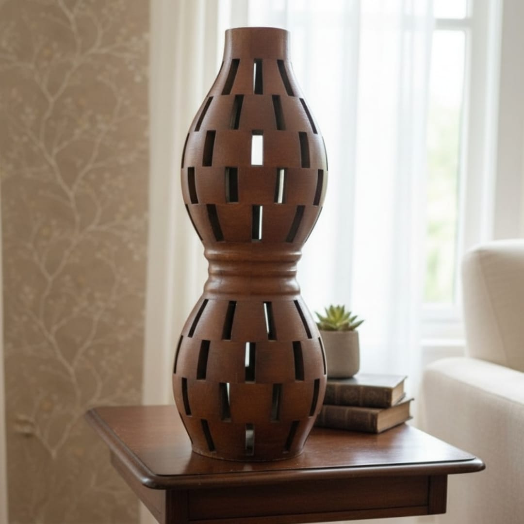 1978 Antique Teakwood Vase | Decorative Wooden Floor Vase - Bombay Antiques
