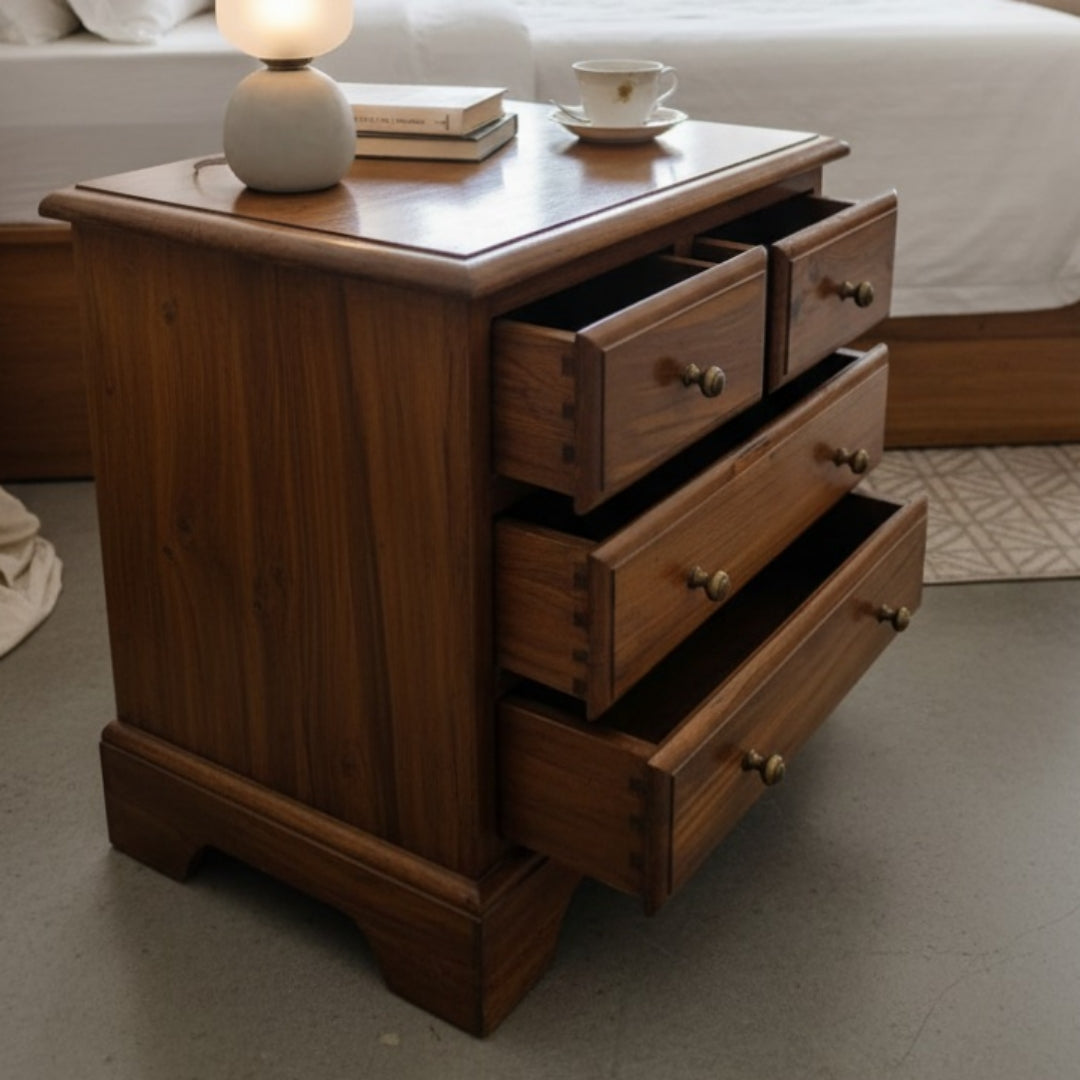 1995 Antique Teakwood Bedside Table | Compact Storage Side Table - Bombay Antiques