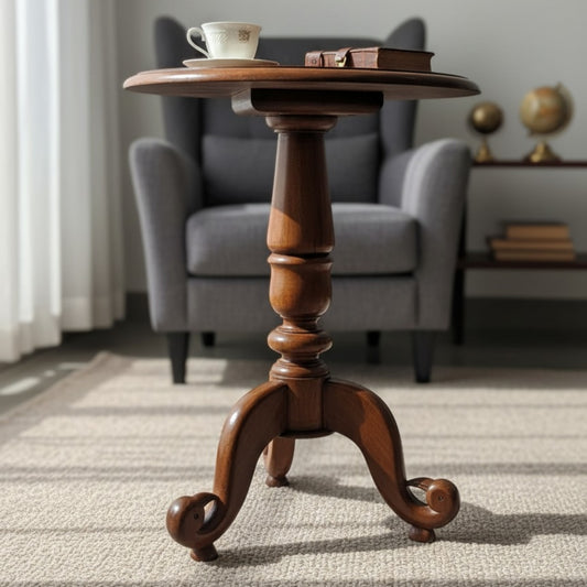 1994 Antique Teakwood Round Side Table | Pedestal Style Accent Table - Bombay Antiques