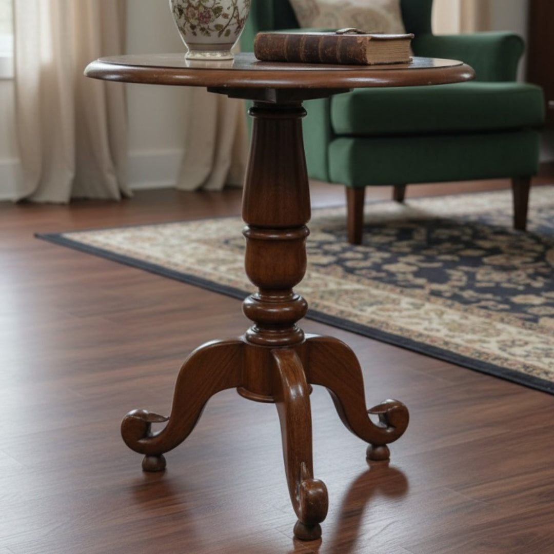 1994 Antique Teakwood Round Side Table | Pedestal Style Accent Table - Bombay Antiques
