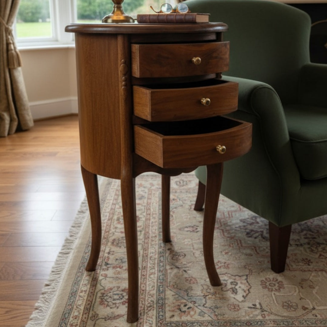 1990 Antique Teakwood Side Table with Drawers | Decorative Storage Table Bedside living Room - Bombay Antiques