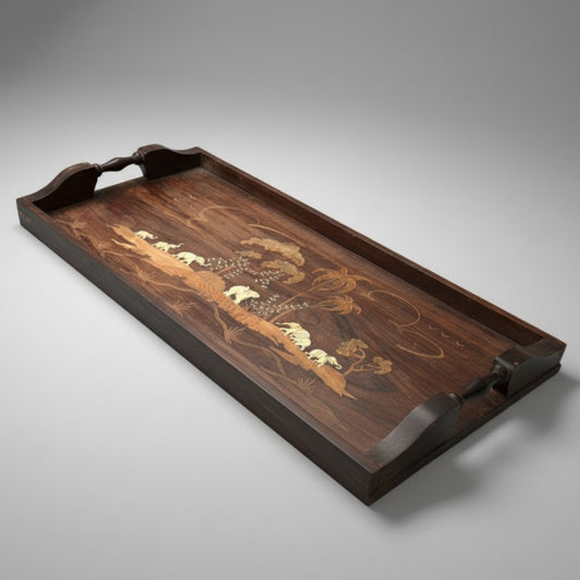 1982 Antique Rosewood Engraved Tray | Decorative Wooden Serving Tray