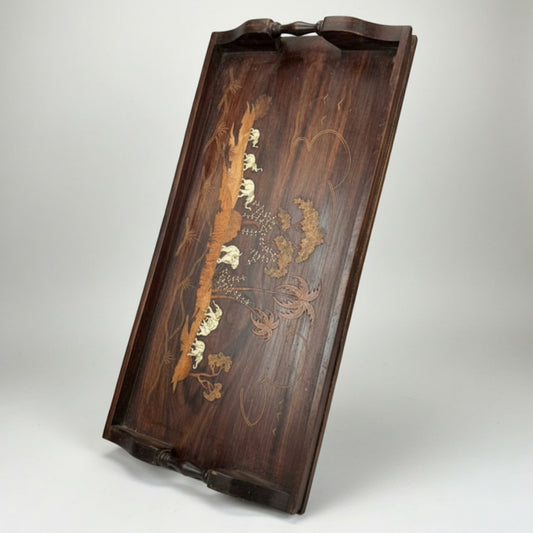 1982 Antique Rosewood Engraved Tray | Decorative Wooden Serving Tray