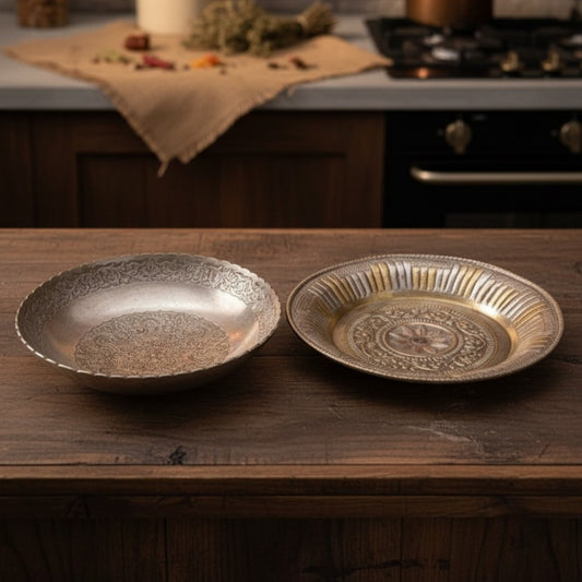 1995 Antique Brass Silver Coated Engraved Serving Bowls in Pair | Decorative Serving Set