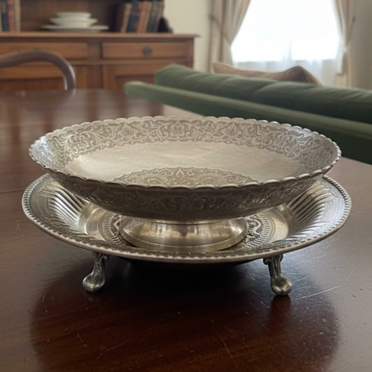 1995 Antique Brass Silver Coated Engraved Serving Bowls in Pair | Decorative Serving Set