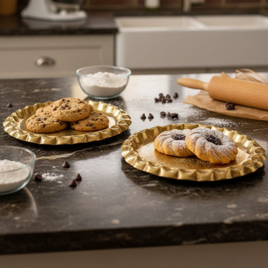 1982 Antique Brass Engraved Plates in Pair with Ornated Borders | Decorative Brass Plate Set