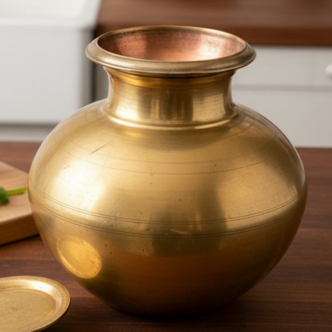 1969 Antique Brass Cooking Pot with Lid and Stand | Traditional Brass Cookware Set - Bombay Antiques