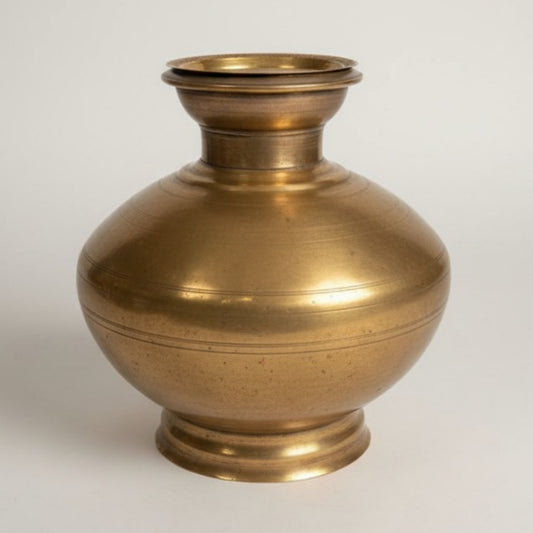 1969 Antique Brass Cooking Pot with Lid and Stand | Traditional Brass Cookware Set - Bombay Antiques