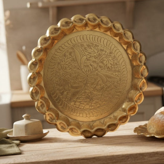 1982 Antique Brass Engraved Plates in Pair with Ornated Borders | Decorative Brass Plate Set