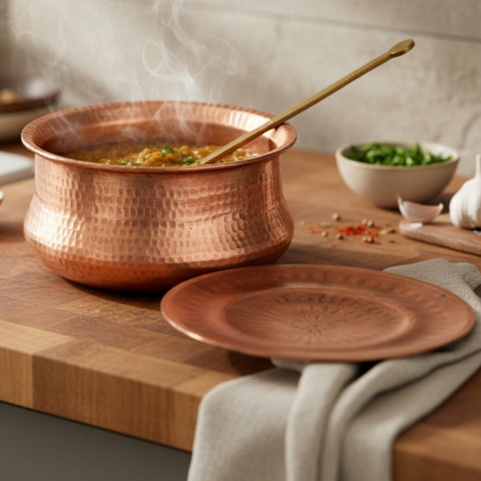 1972 Antique Copper Heavy Deg with Lid, Ladle and Stand 5L | Traditional Copper Cooking & Serving Set