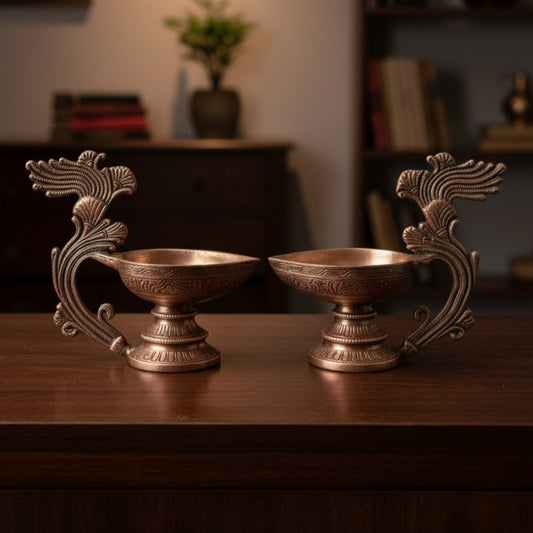 1959 Antique Brass Engraved Diya in Pair | Decorative Brass Lamps